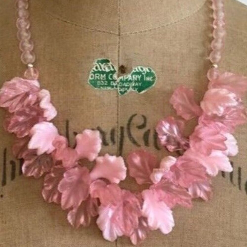 Pink Molded Lucite Leaf Frosted Bead Runway Couture Necklace 24”